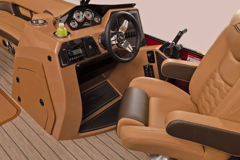 Slide: The Image of Luxurious interior of 2026 SunCatcher Fusion 324SS boat with tan leather seating and modern dashboard. - 10