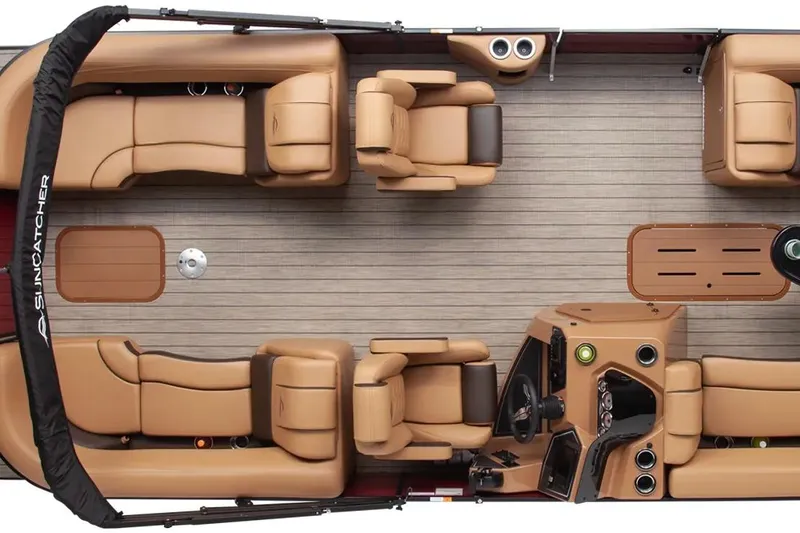 Slide: The Image of 2026 SunCatcher Fusion 324SS pontoon boat interior with luxurious seating and modern design. - 14