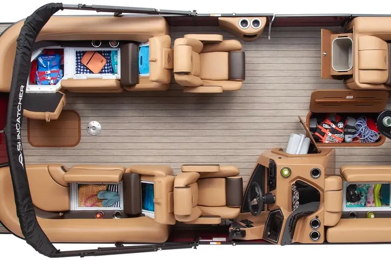 Slide: The Image of 2026 SunCatcher Fusion 324SS pontoon boat interior with tan seating and storage compartments. - 15
