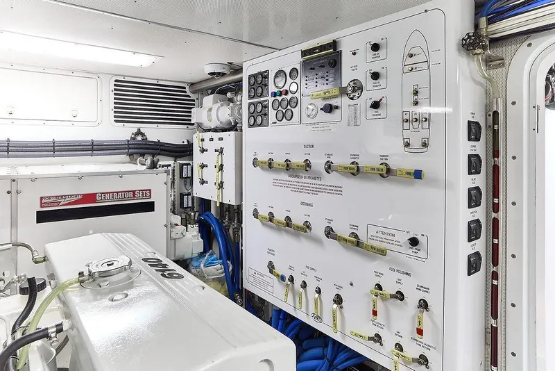 Slide: The Image of Engine room of 2000 Northern Marine 75 yacht with control panels and generator. - 60