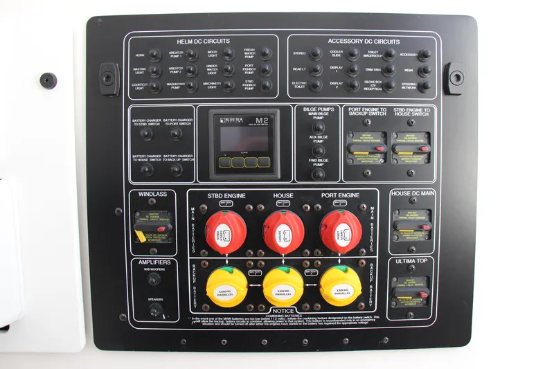 Slide: The Image of Control panel of a 2020 Sea Fox 328 Commander boat with various switches and circuits. - 14