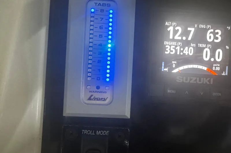 Slide: The Image of 2019 Fountain 38 Center Console dashboard with Livorsi tabs and Suzuki engine display. - 22