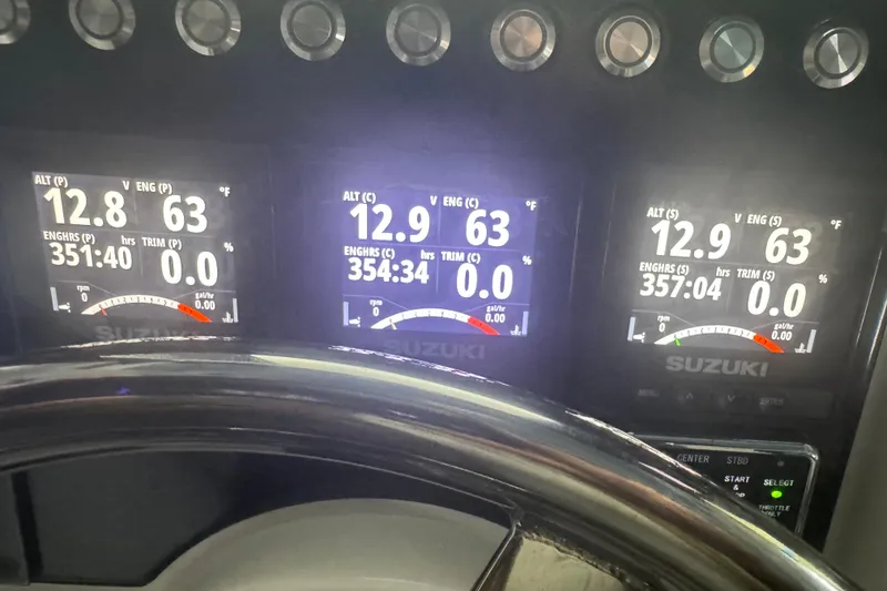 Slide: The Image of Dashboard of 2019 Fountain 38 Center Console with Suzuki engine displays. - 32