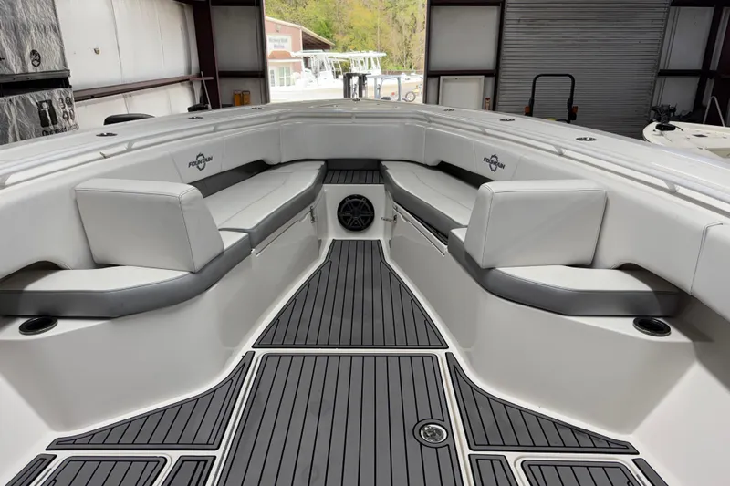 Slide: The Image of 2019 Fountain 38 Center Console boat interior with sleek seating and modern design. - 9