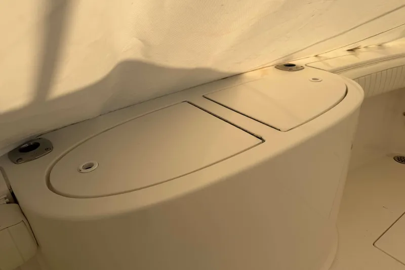 Slide: The Image of 2008 Henriques 30 Express boat interior storage compartment under white cover. - 12