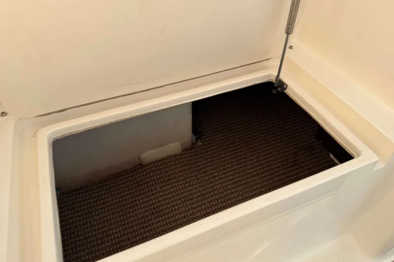 Slide: The Image of Storage compartment in a 2008 Henriques 30 Express boat, featuring a carpeted interior. - 46