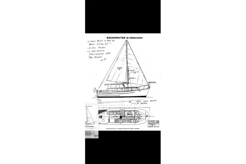 Slide: The Image of Blueprint of 1980 Roughwater MOTOR SAILER, detailed design and layout. - 25