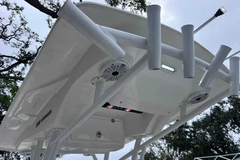 Slide: The Image of 2020 Sea Fox 228 Commander boat top view with rod holders and speakers. - 45