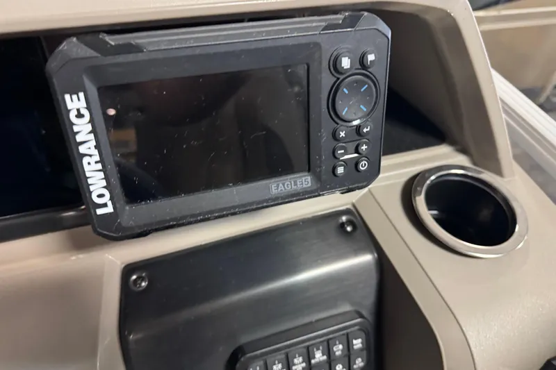 Slide: The Image of Lowrance Eagle 5 fish finder on 2024 Sun Tracker Fishin' Barge 20 DLX dashboard. - 16