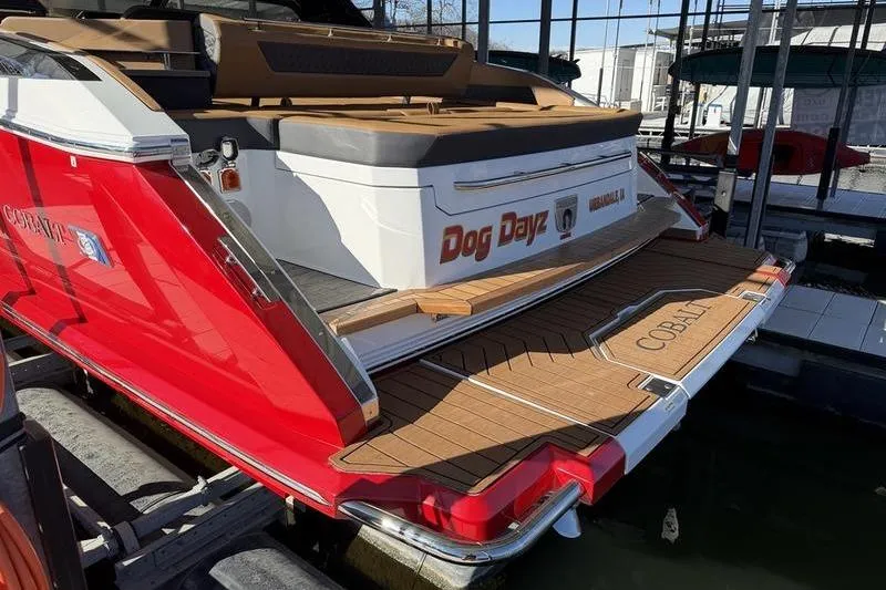 Slide: The Image of 2025 Cobalt R35 boat with "Dog Dayz" branding, docked in a marina. - 7