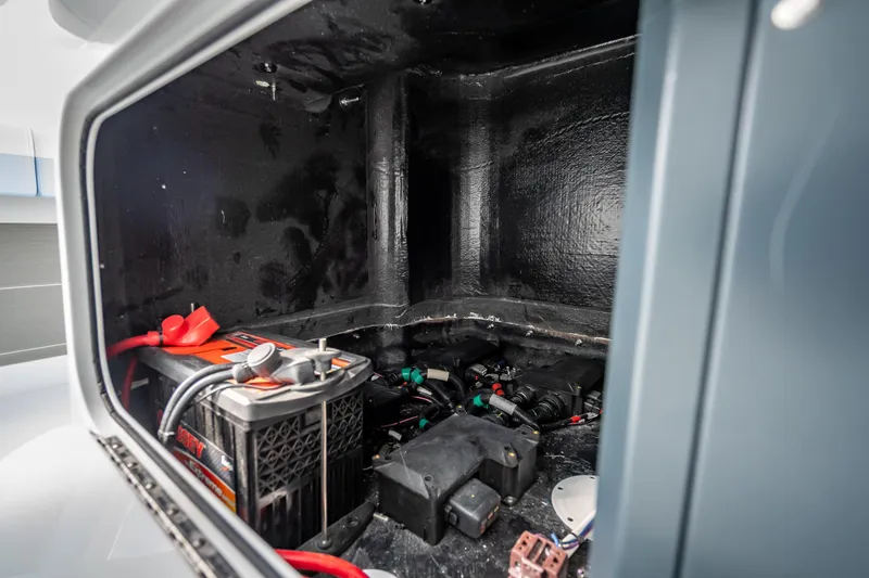 Slide: The Image of Battery compartment of 2026 Yellowfin 42 Offshore boat, showcasing electrical components. - 31
