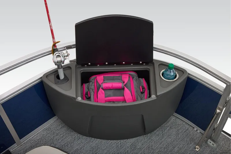 Slide: The Image of Manufacturer Provided Image: Sun Tracker Bass Buggy 18 DLX 2026 boat storage with backpack, fishing rod, and drink holder. - 27