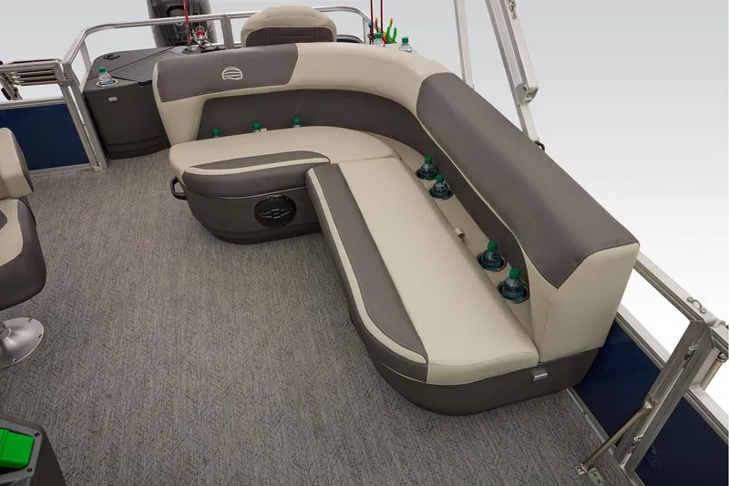 Slide: The Image of Manufacturer Provided Image: 2026 Sun Tracker Bass Buggy 18 DLX interior with cushioned seating and cup holders. - 45