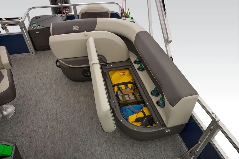 Slide: The Image of Manufacturer Provided Image: 2026 Sun Tracker Bass Buggy 18 DLX pontoon boat with open storage compartment and seating. - 46