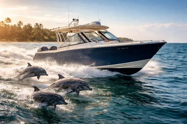 The Image of 2016 Grady-White Freedom 307 boat docked in marina with twin outboard engines. - 0