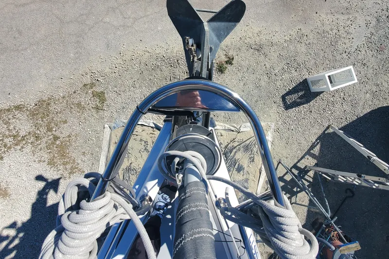 Slide: The Image of Top view of 2003 Hunter 426 Deck Salon sailboat anchor and deck equipment. - 18
