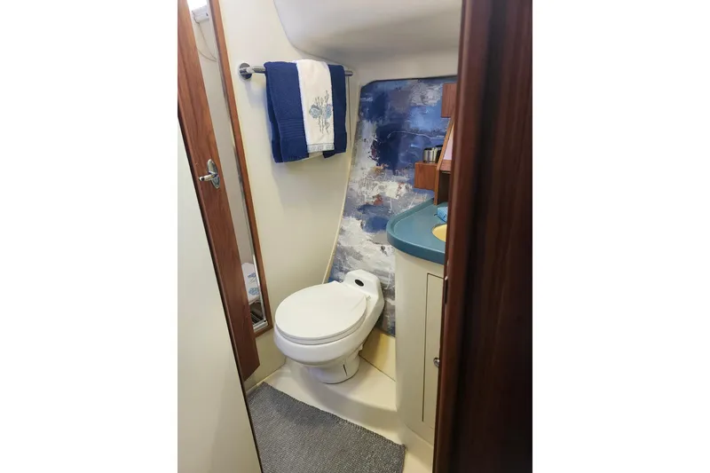 Slide: The Image of Compact bathroom in 2003 Hunter 426 Deck Salon yacht with modern fixtures and blue accents. - 67