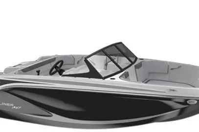 The Image of 2026 Bayliner M17 boat, sleek design, black and white exterior, modern windshield. - 1