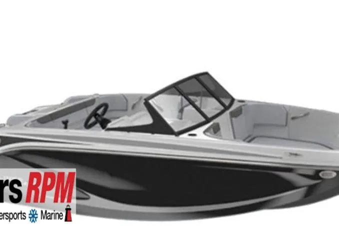 The Image of 2026 Bayliner M17 boat with sleek black and white design, featuring a modern windshield. - 2