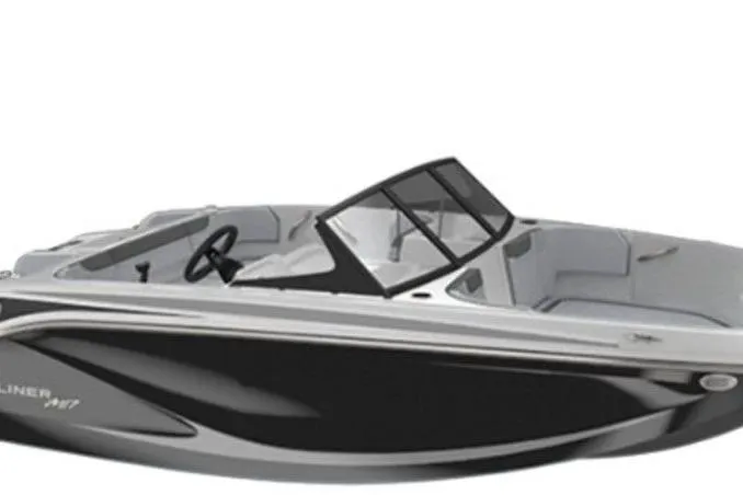 Slide: The Image of 2026 Bayliner M17 boat with sleek black and white design, modern windshield. - 6