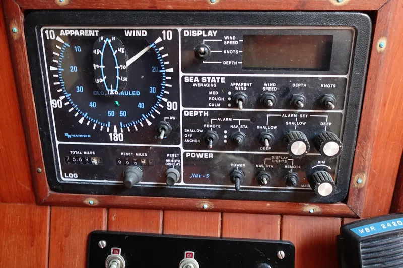Slide: The Image of Instrument panel of a 1985 Tayana 37 Cutter sailboat, displaying wind and sea state data. - 25