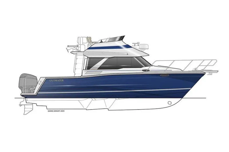 Slide: The Image of Manufacturer Provided Image: 2026 Cutwater C-288 CB boat, side view, blue and white design, modern cabin cruiser. - 8