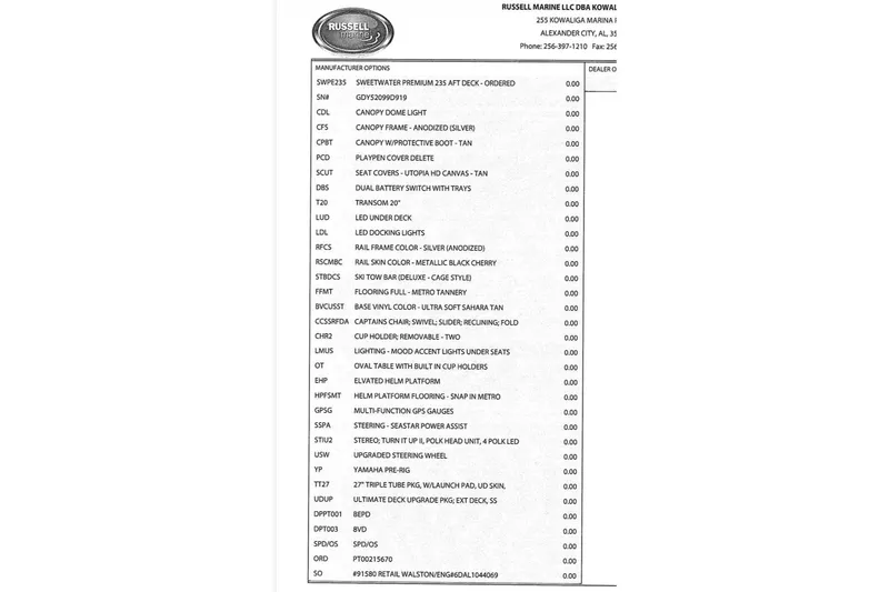 Slide: The Image of 2019 Godfrey Sweetwater options list with detailed specifications and features. - 12