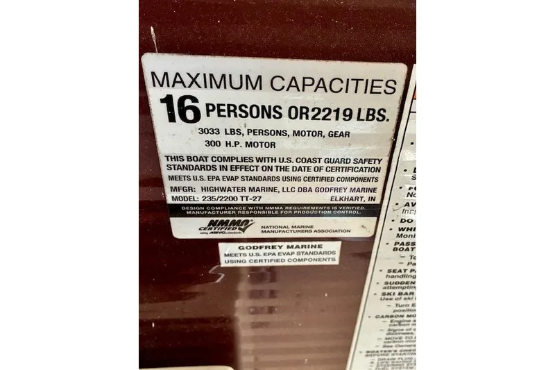 Slide: The Image of 2019 Godfrey Sweetwater capacity label: 16 persons or 2219 lbs, 300 HP motor. - 3