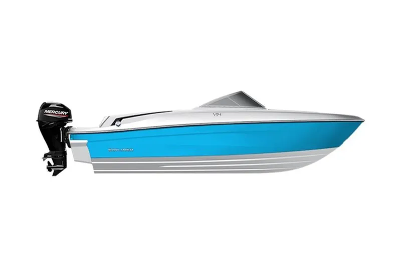 Slide: The Image of 2026 Bayliner VR4 Bowrider OB, blue and white design, with Mercury outboard motor. - 4