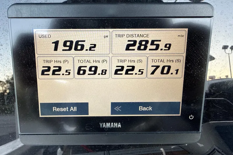 Slide: The Image of Yamaha display showing fuel usage and trip data for 2023 NauticStar 2602 Legacy. - 38