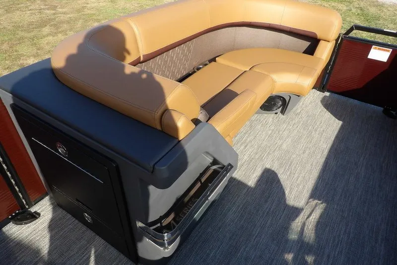 Slide: The Image of 2026 Bennington M L-Bench 22 ML with tan seating on a boat deck. - 12