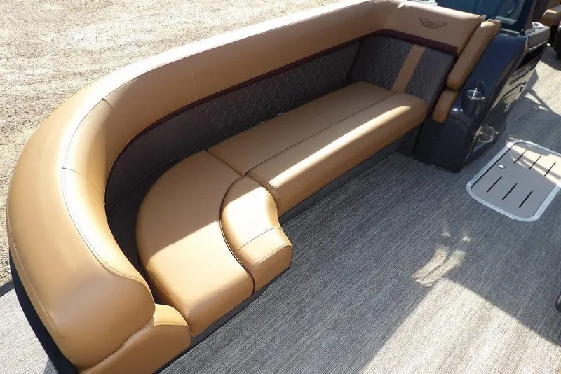 Slide: The Image of 2026 Bennington M L-Bench 22 ML boat seating, luxurious tan upholstery. - 16