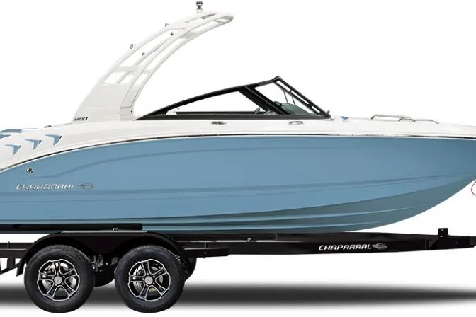 The Image of 2026 Chaparral GTS 3 boat with sleek blue hull and modern design on trailer. - 0