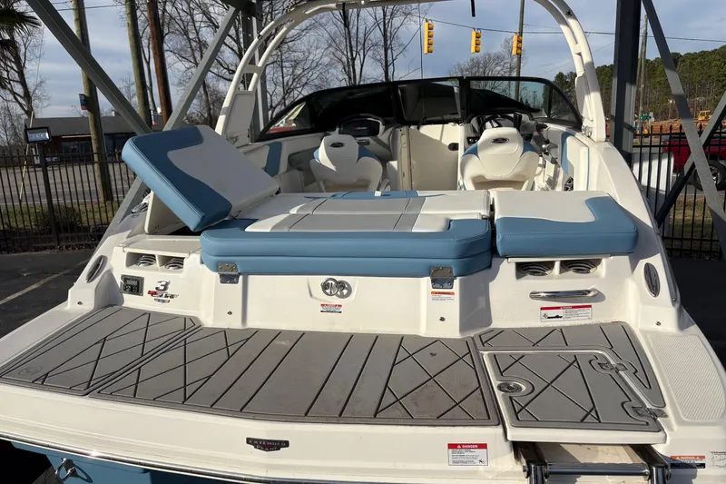 Slide: The Image of 2026 Chaparral GTS 3 boat with blue and white seating, rear view. - 13