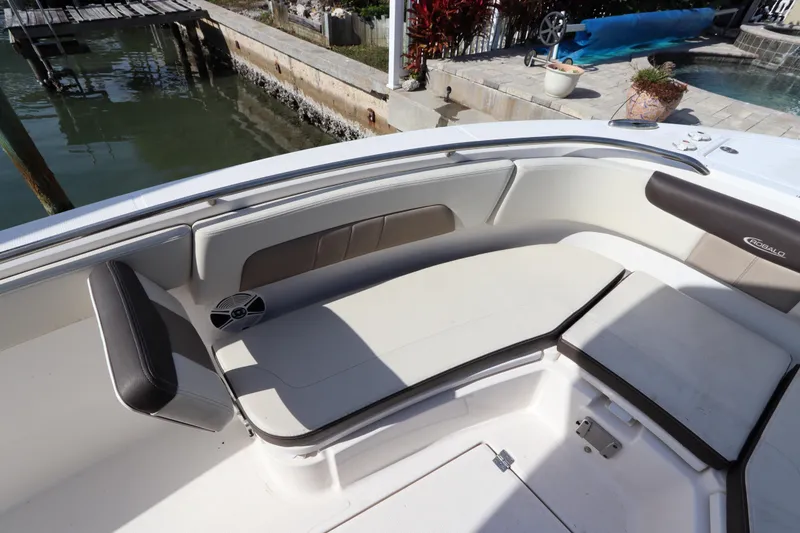 Slide: The Image of 2019 Robalo R242 Center Console boat interior with cushioned seating and speaker. - 23