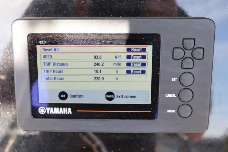 Slide: The Image of Yamaha display on 2019 Robalo R242 Center Console showing trip data and fuel usage. - 20