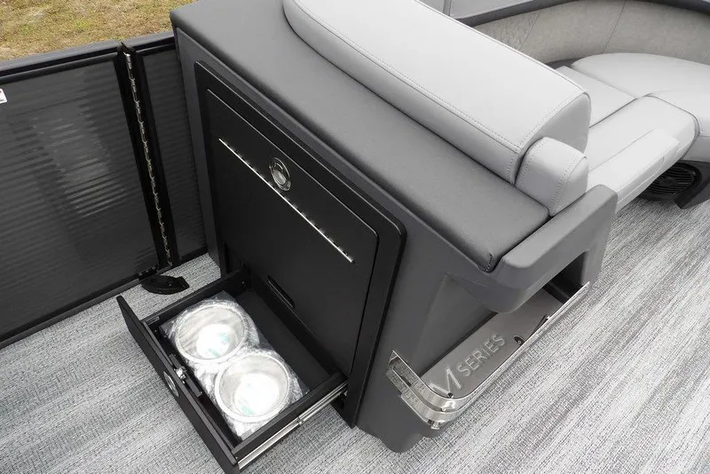 Slide: The Image of 2026 Bennington M L-Bench 22 ML boat interior with storage drawer and seating. - 20