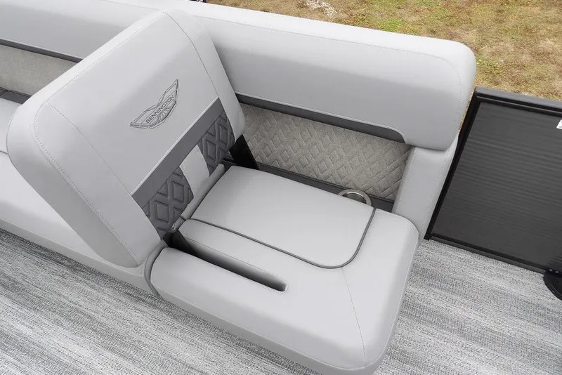 Slide: The Image of 2026 Bennington M L-Bench 22 ML with luxurious gray seating and elegant design. - 27