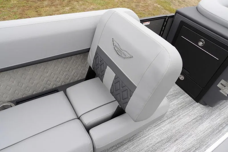 Slide: The Image of 2026 Bennington M L-Bench 22 ML with luxurious gray seating and diamond-patterned accents. - 30