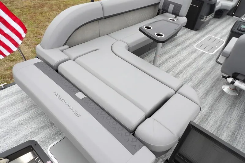 Slide: The Image of 2026 Bennington M L-Bench 22 ML pontoon boat interior with gray seating and table. - 36