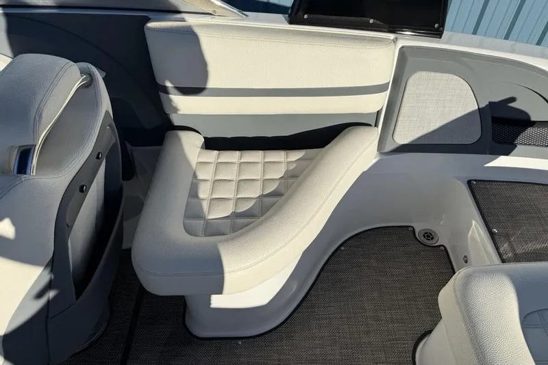 Slide: The Image of Interior seating of a 2017 Cobalt R3 boat, featuring quilted upholstery. - 39