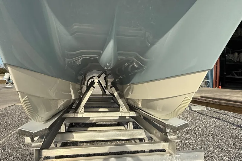 Slide: The Image of 2023 World Cat 280 DC-X catamaran hull on trailer, viewed from below. - 17