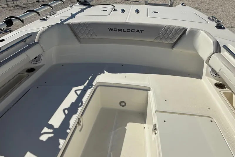 Slide: The Image of 2023 World Cat 280 DC-X boat interior with seating and storage compartments. - 45