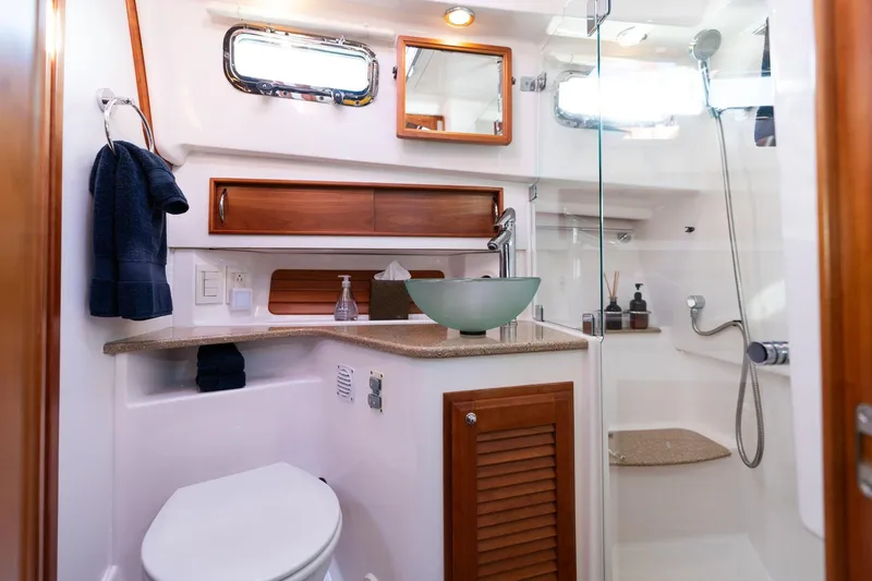 Slide: The Image of Luxurious bathroom in 2013 Sabre 38 Salon Express yacht with modern fixtures. - 47