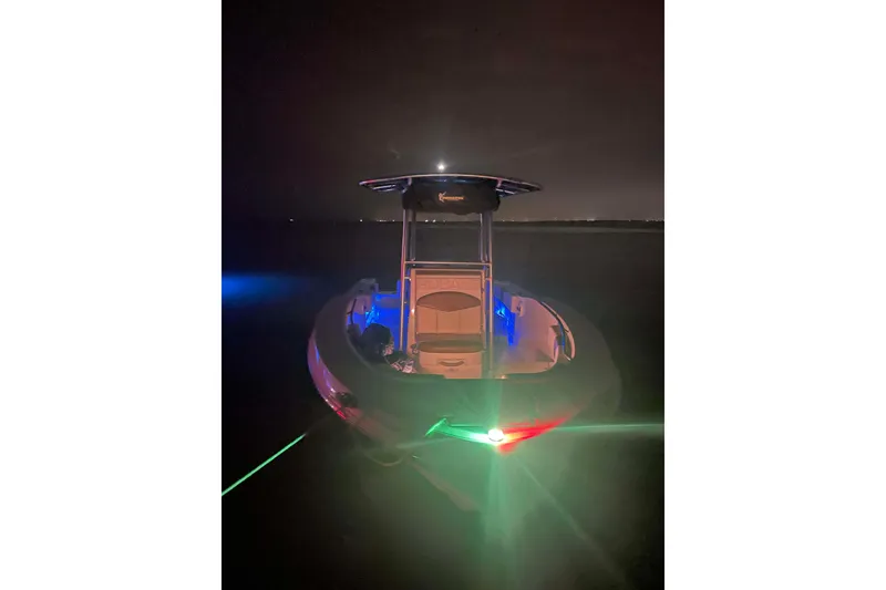 Slide: The Image of 2017 Robalo R200ES boat illuminated at night with colorful lights on the water. - 9