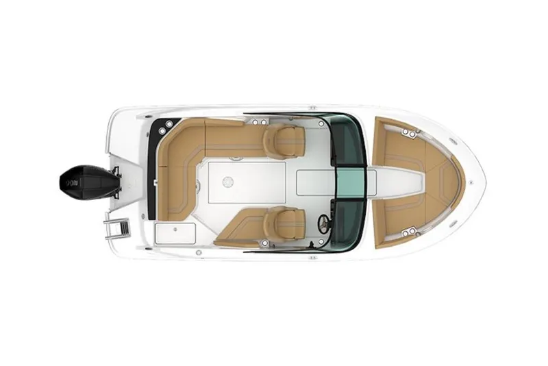 Slide: The Image of Top view of 2026 Bayliner V20 boat with tan seating and outboard motor. - 40