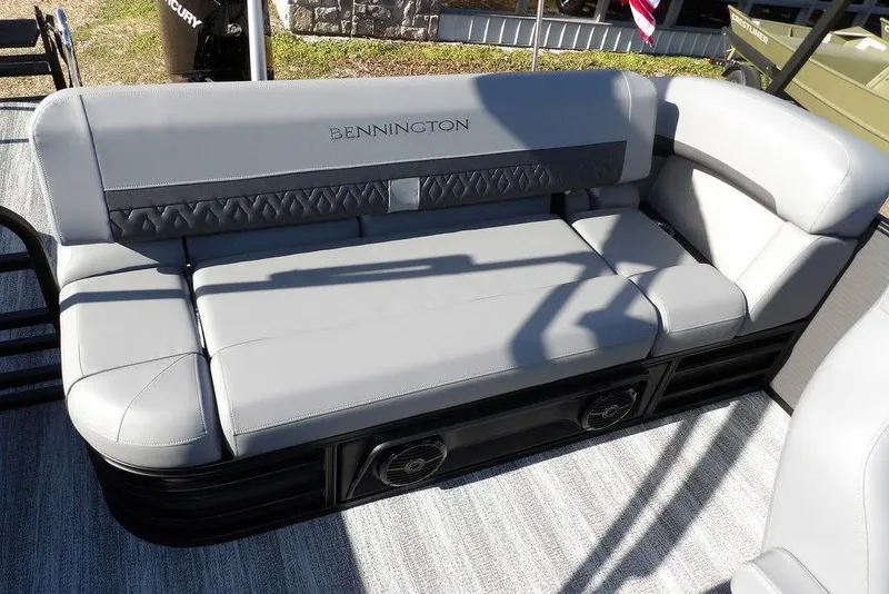 Slide: The Image of 2026 Bennington M Swingback 26 MSB boat seating with elegant gray upholstery. - 31