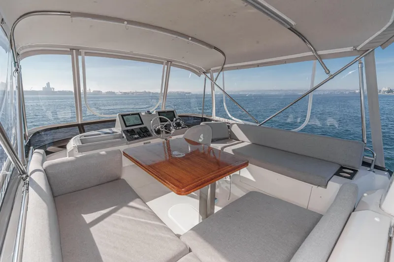 Slide: The Image of 2025 Beneteau Swift Trawler 41 interior with helm, seating, and ocean view. - 42