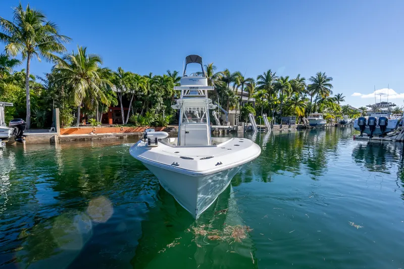 Slide: The Image of 2019 SeaVee 340Z boat docked in tropical marina with palm trees. - 6