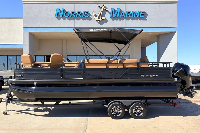 The Image of 2026 Ranger 223FC pontoon boat at Norris Marine dealership, featuring sleek design and Mercury engine. - 1